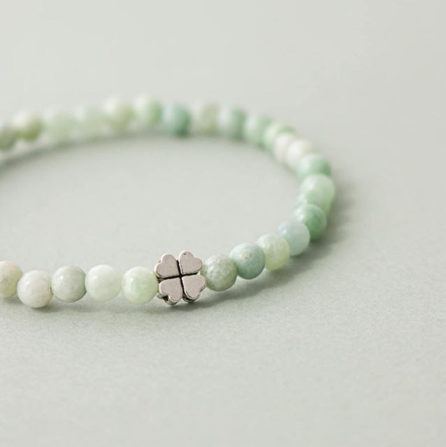 Natural Jadeite Bracelet 4mm 925 Silver Four Leaf Clover Lucky Talisman Beads