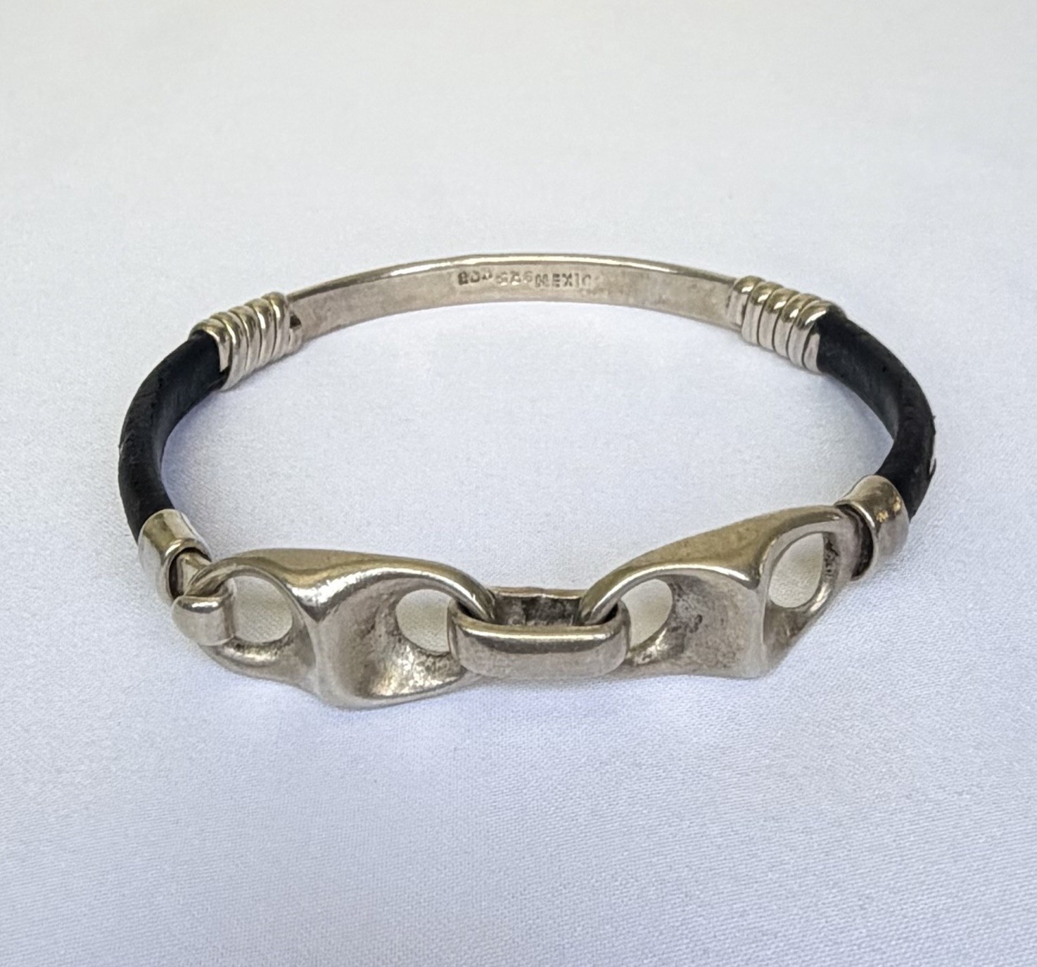 HOB Mexico Bracelet 925 Sterling Leather 7 Inch House Of Bangles 34 Grams