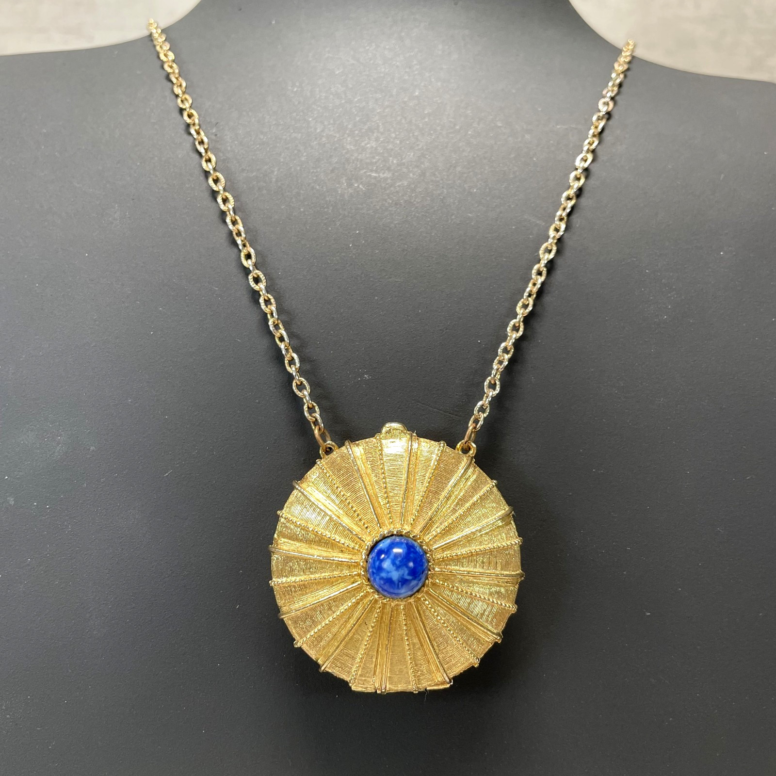 Vintage ESTEE LAUDER Signed Perfume Locket w/LAPIS LAZULI Blue Glass Stone 24″