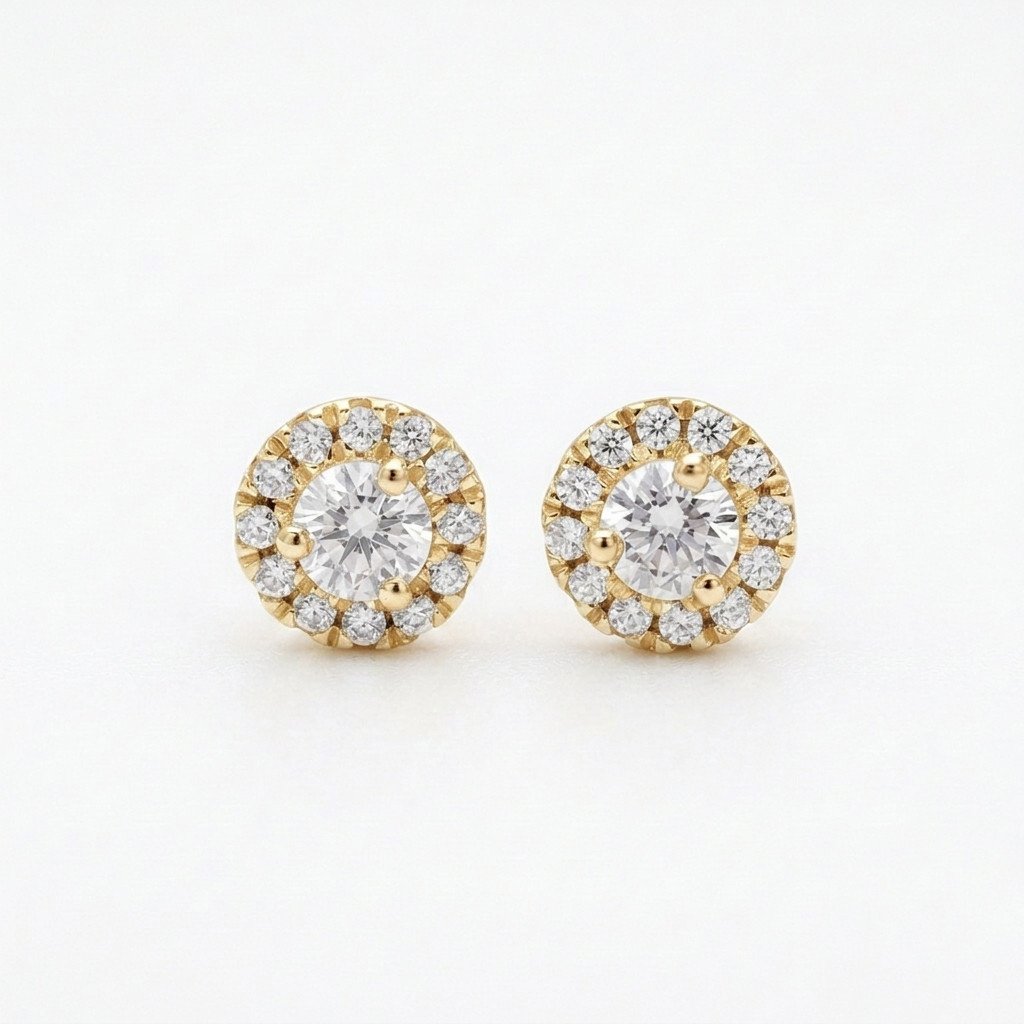 14K Solid Gold 0.50 CT Round Lab Grown Diamond Halo Stud Pushback Fine Earrings