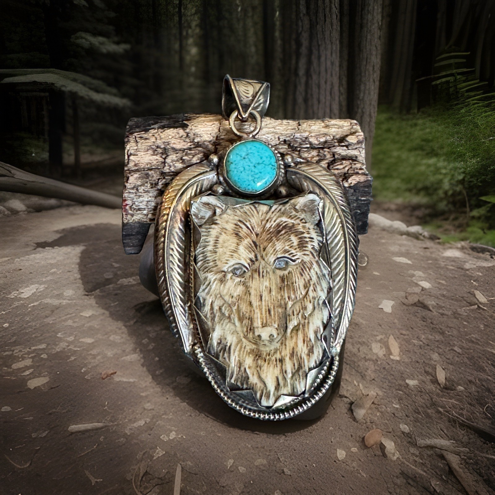 Hand Carved & Handmade Bone Pendant,Bear Face Art,Turquoise & Silver,3.5”in,40gr