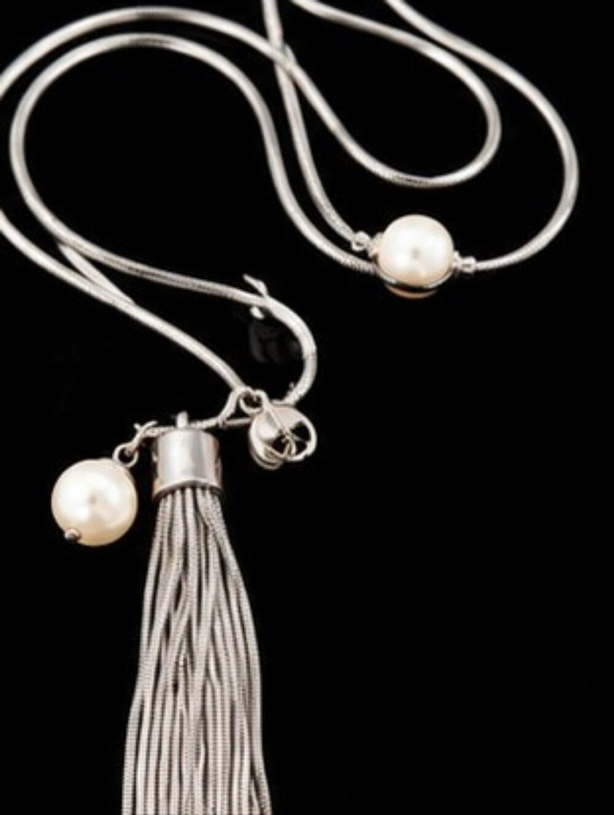 White House Black Market Silver Tone Tassel Necklace Faux Pearl Long Statement