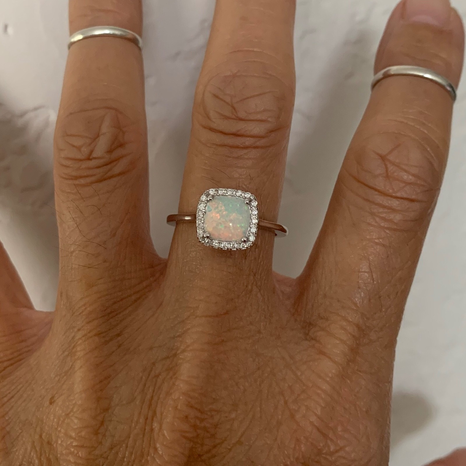 Sterling Silver Square White Lab Opal Ring, Silver Rings, CZ Ring, Wedding Ring