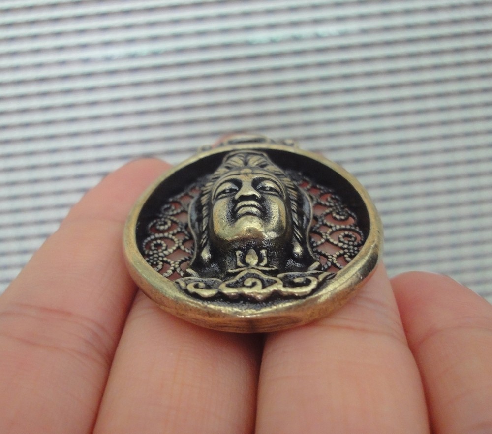 Vintage Style Pure Brass GuanYin Buddha Figurine Statue Pendant