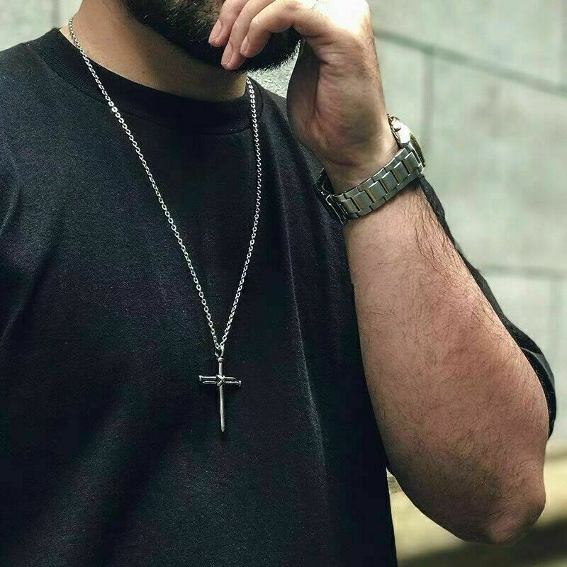 Mens Christ Jesus Nail Rope Cross Pendant Necklace Stainless Steel Chain