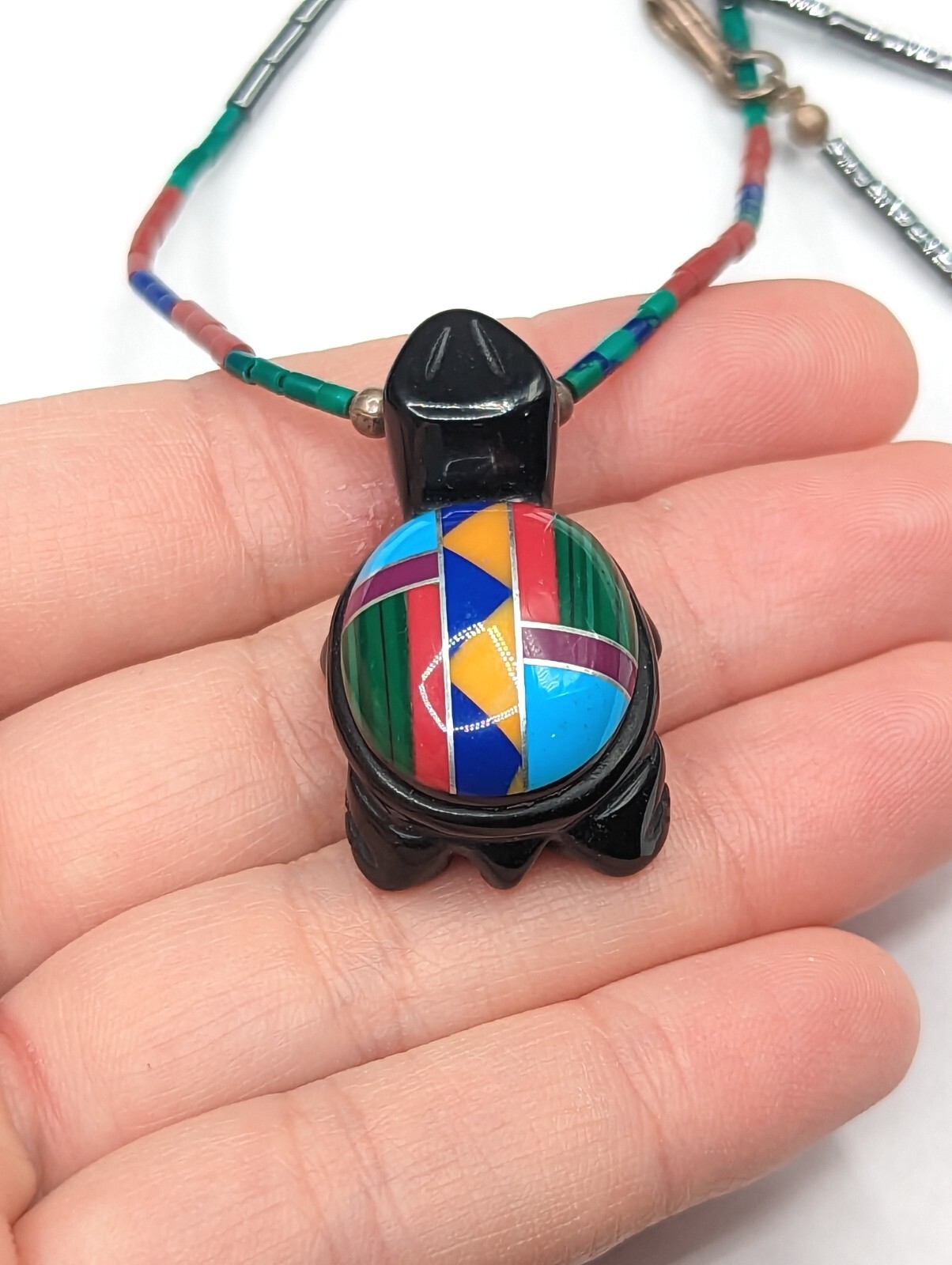 Multi Color Inlay Black Stone Carved Turtle Southwestern Beaded Necklace 25″
