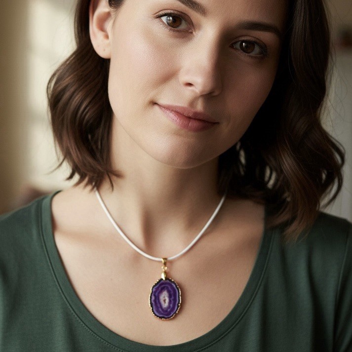 Sm Faux Amethyst Geode Slice Polymer Clay Handmade Pendant Necklace SS Clasp