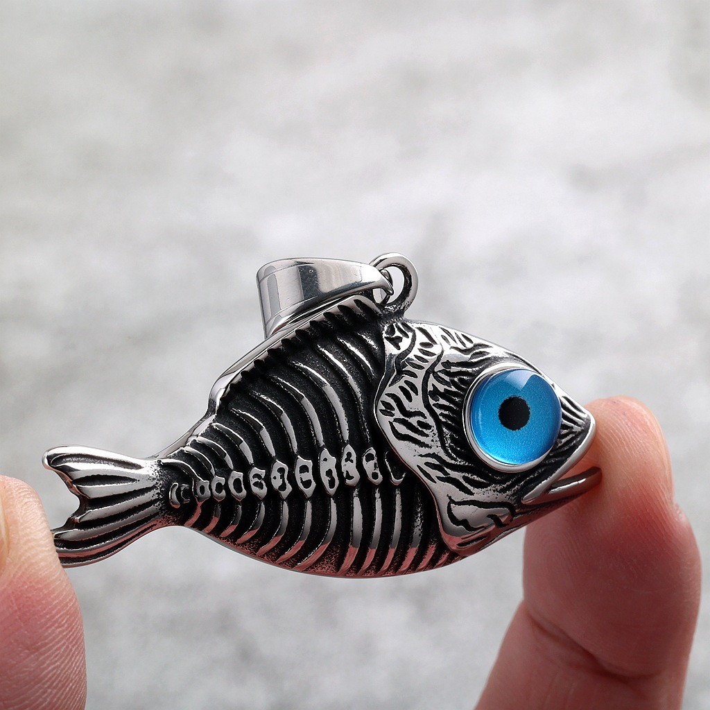 Fish Aquatic Jewelry w/ Blue Eye Fishing Animal Pendant Necklace Stainless Steel