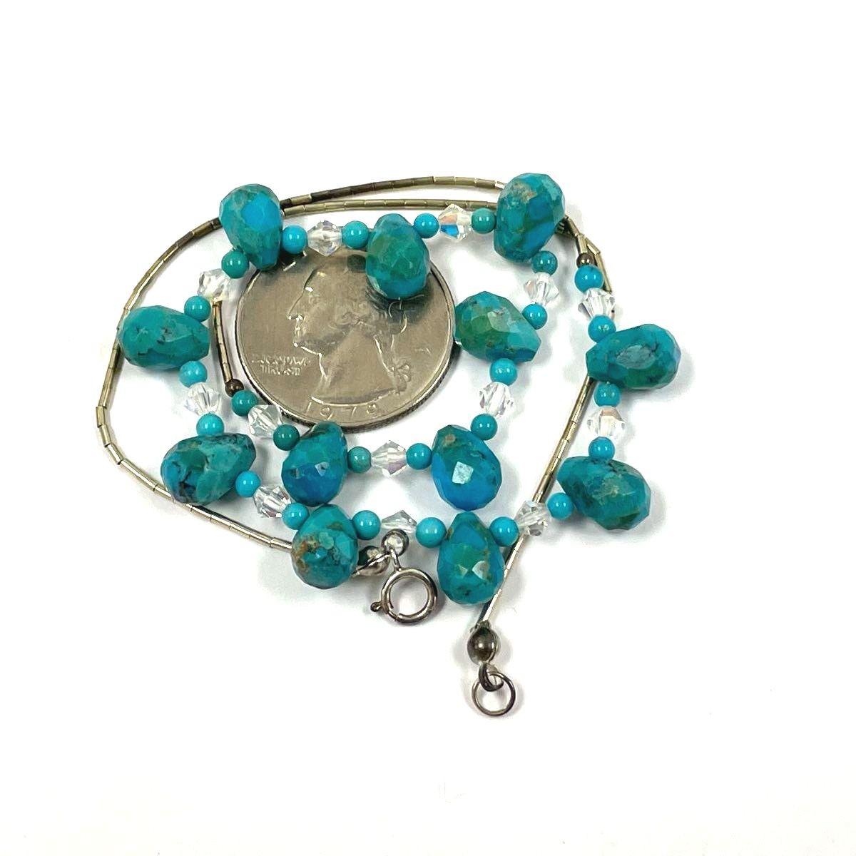 Liquid Sterling Silver 16″ Turquoise & Glass Beaded Choker Necklace – 9.72g