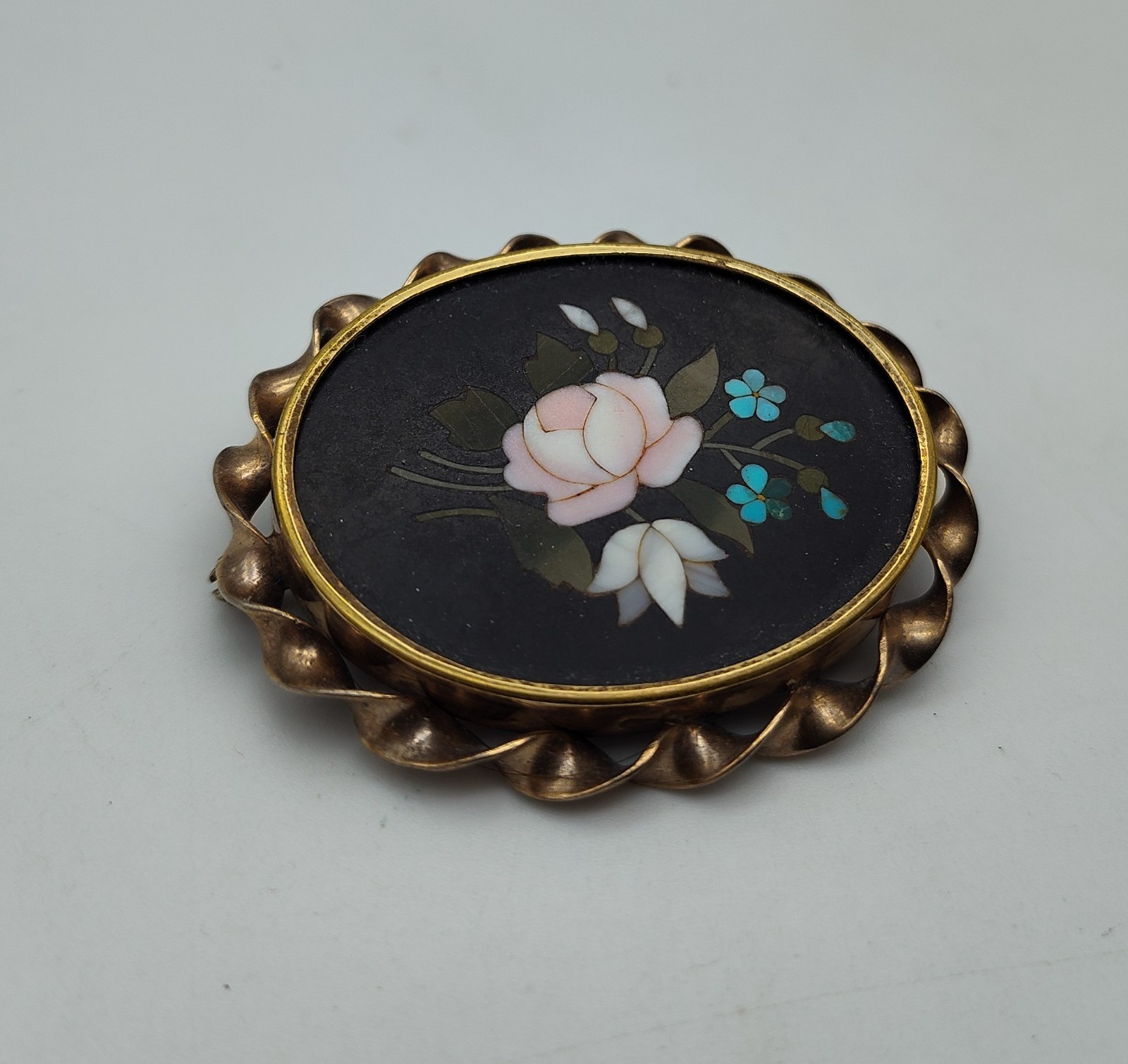 Antique Flower Pietra Dura Stone Black Pink Blue Green Gold Tone Brooch Pin