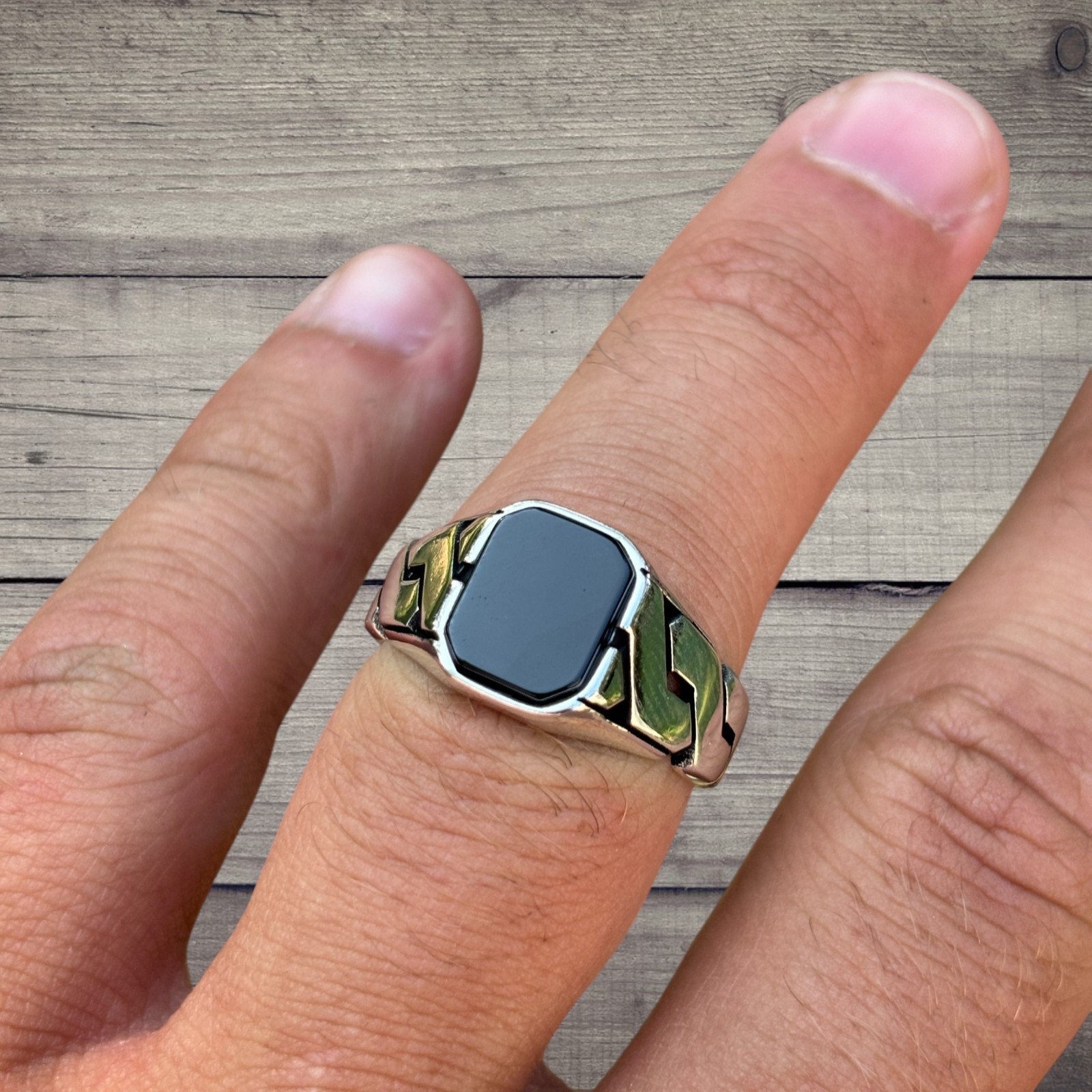 Black Onyx Stone Cuban Ring – Real Solid 925 Sterling Silver MADE IN ITALY