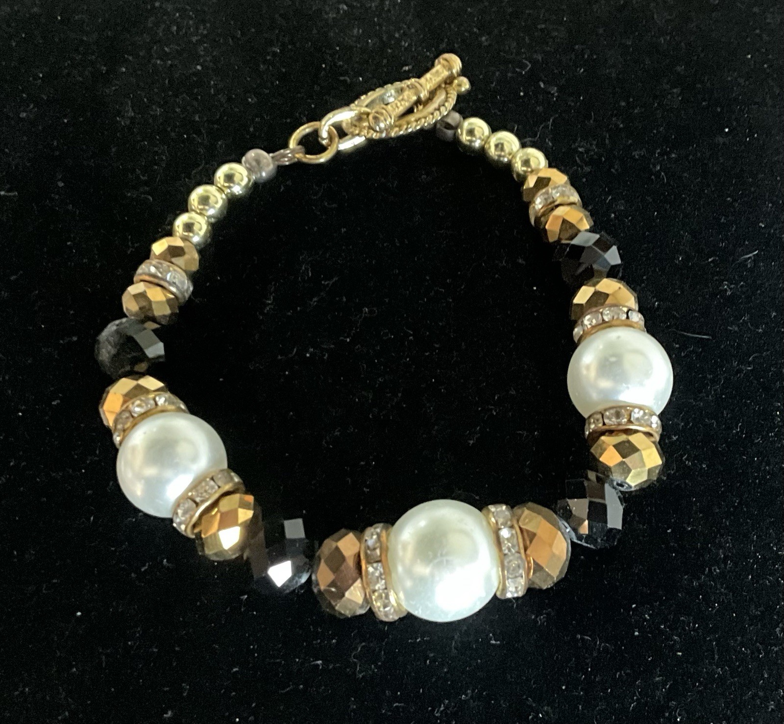 Extra Large Hand Crafted Gold Black White Beaded Bracelet