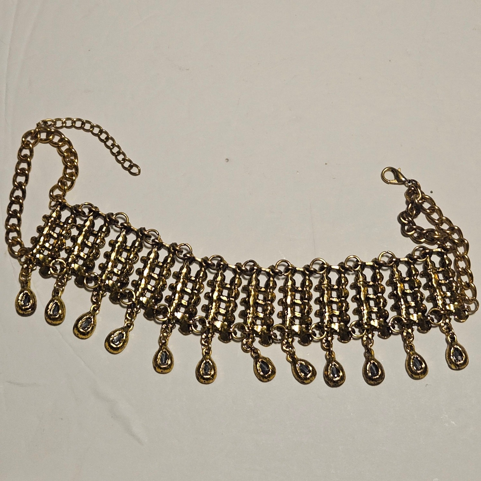 Rhinestone Mesh Choker Necklace Gold Drop Fringe Collar Curb Chain 13-17″