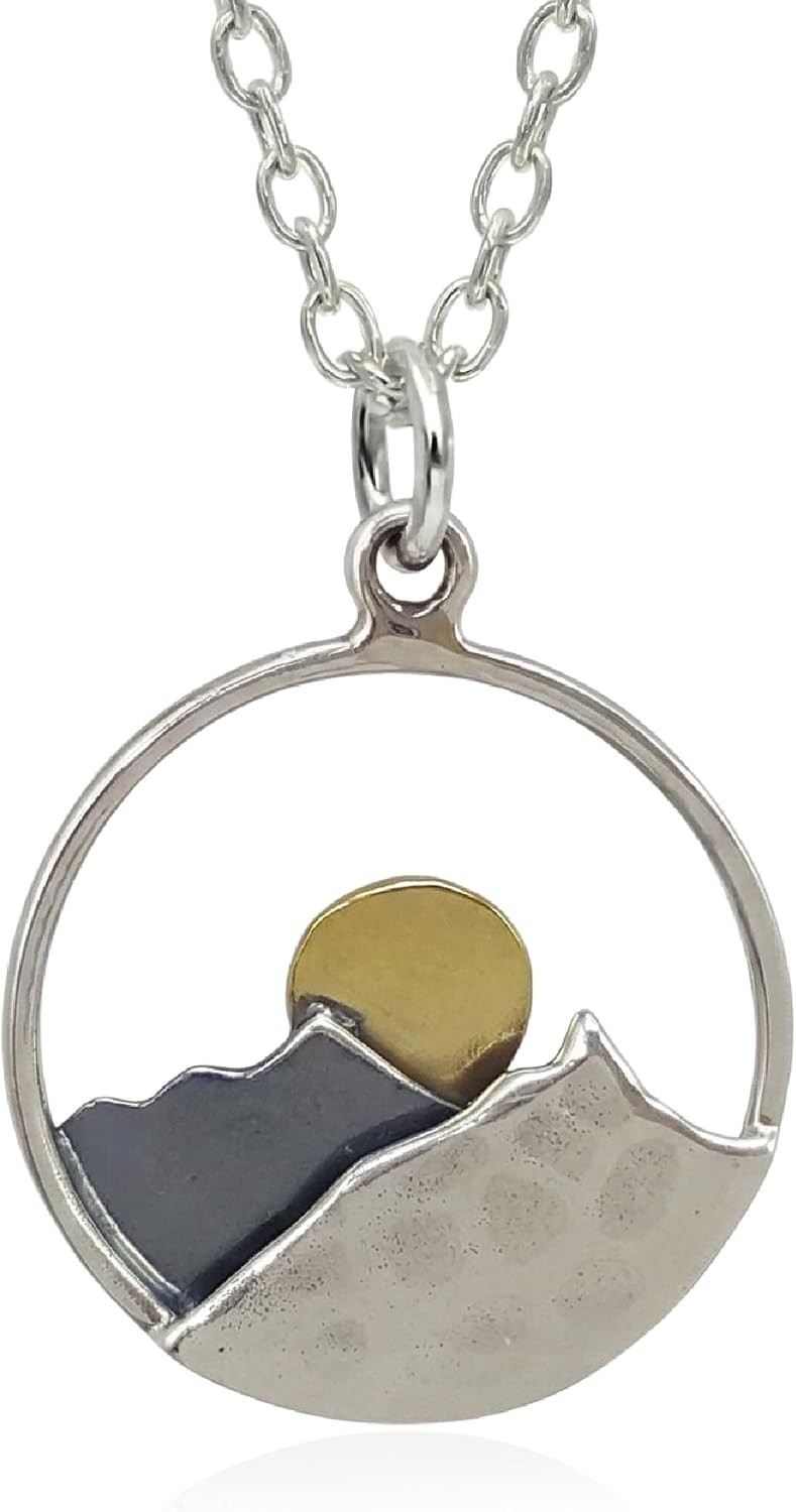 Mountain Range & Sun Charm Necklace – Handmade Sterling Silver Jewelry, 18”