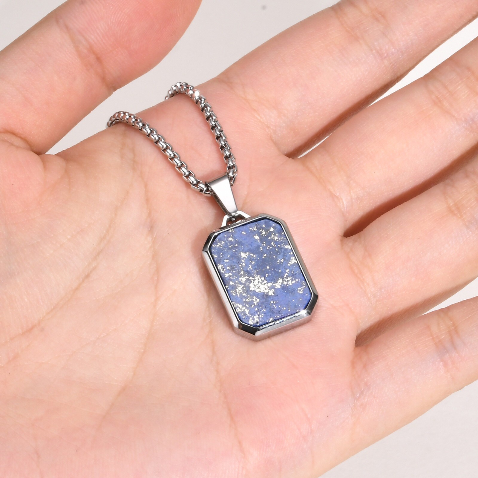 Stainless Steel Necklace Square Lapis Lazuli Pendant Tiger Eye Stone Premium