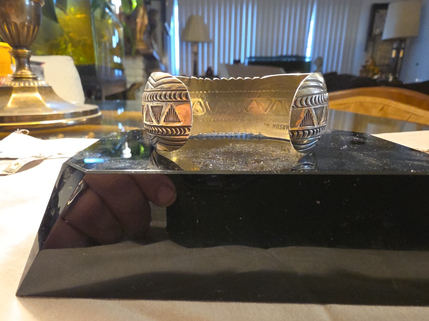 Vintage Carson Blackgoat Navajo Sterling Silver Stamped Cuff. Signed.