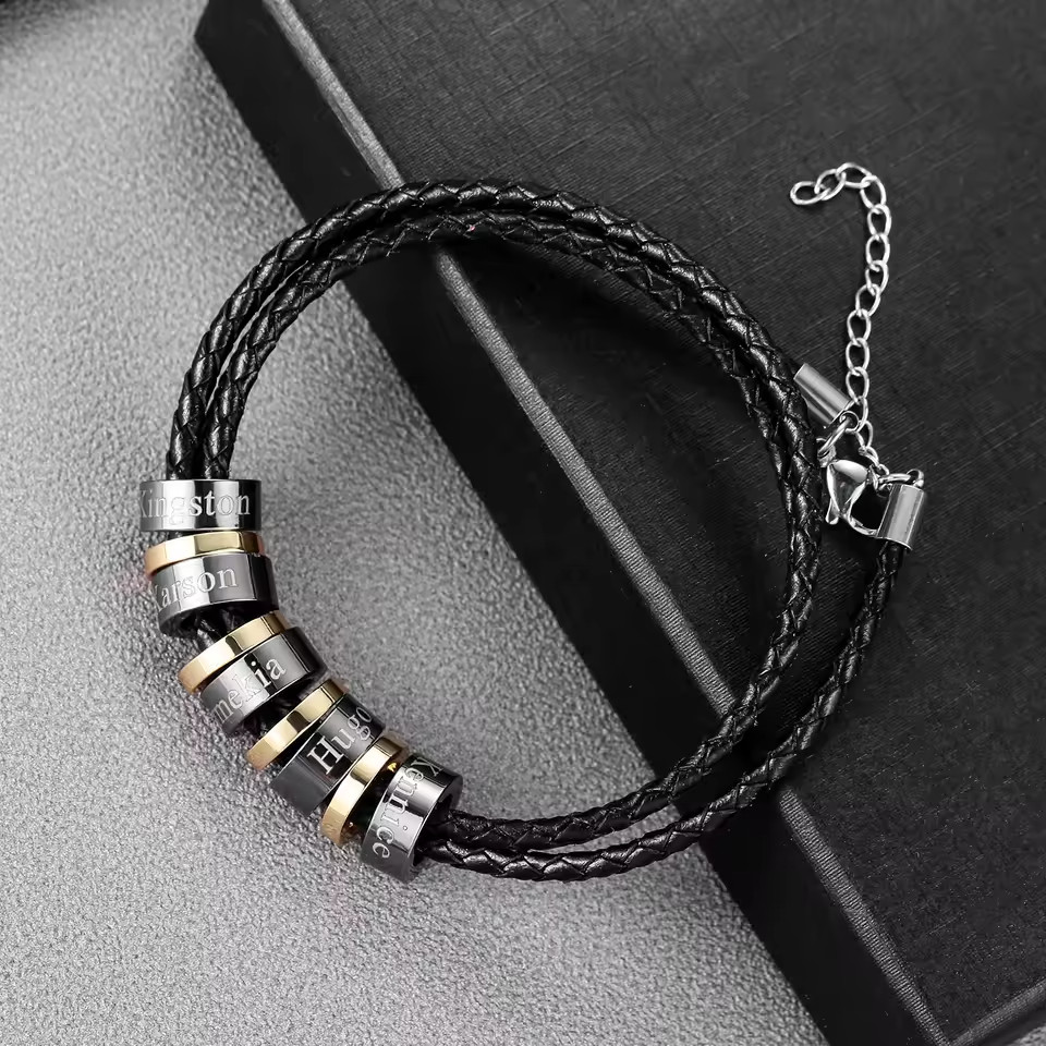 Custom 1-6 Name Leather Bracelet Stainless Steel Jewelry Men Silver Gold Black