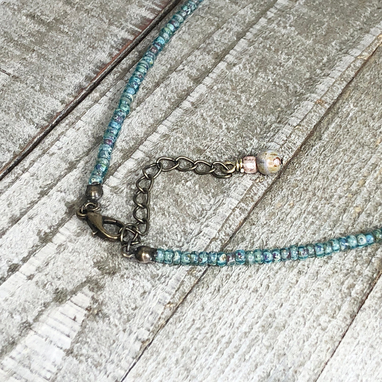 Rustic Czech Glass Picasso Sea Shell Choker with Bronze Daggers