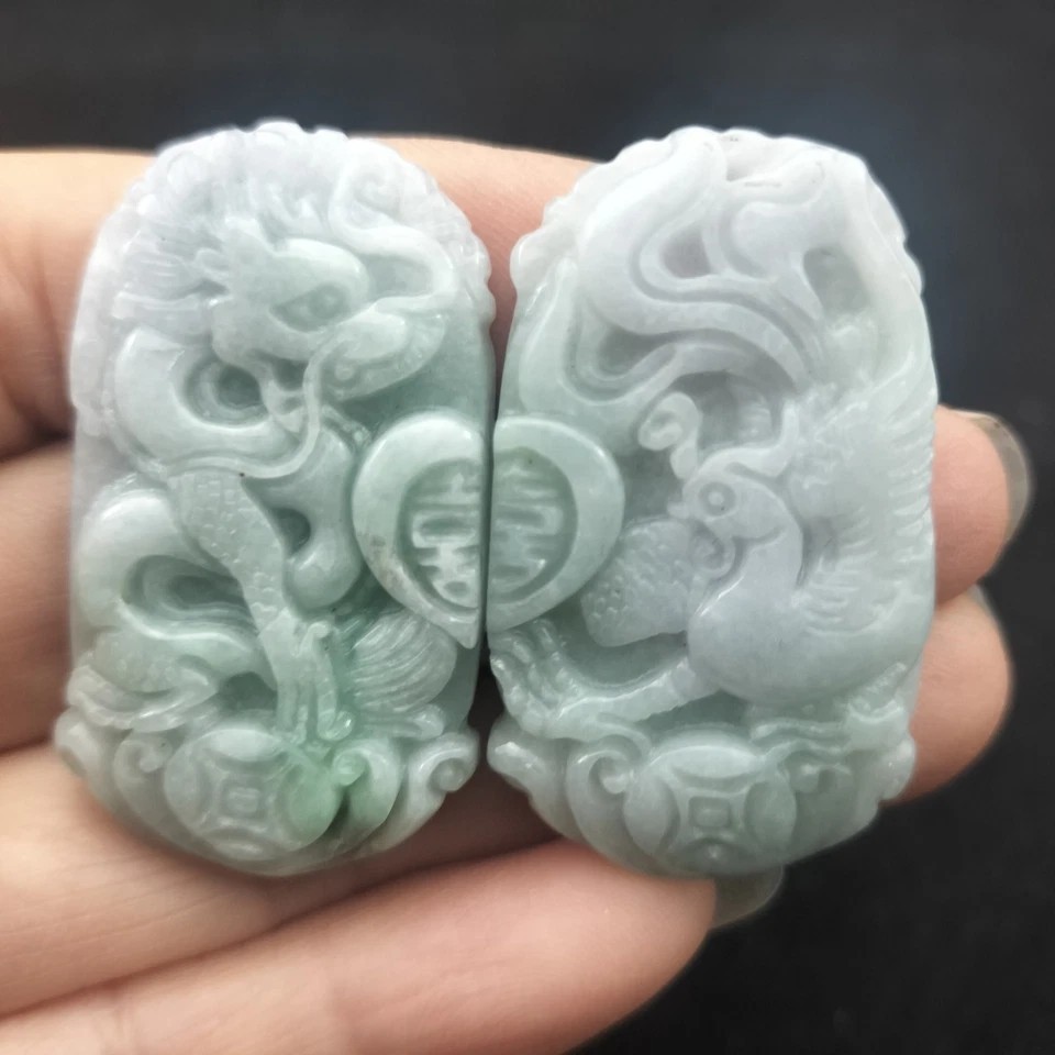 1Pair/2PCS Certified Green Natural Type A Jade Jadeite Dragon Phoenix Pendant