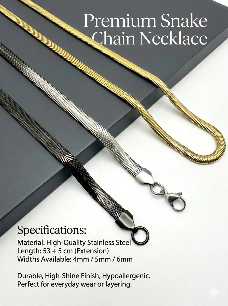 Men’s Trendy Titanium Steel Flat Snake Bone Chain Necklace Minimalist Hip Hop Ba