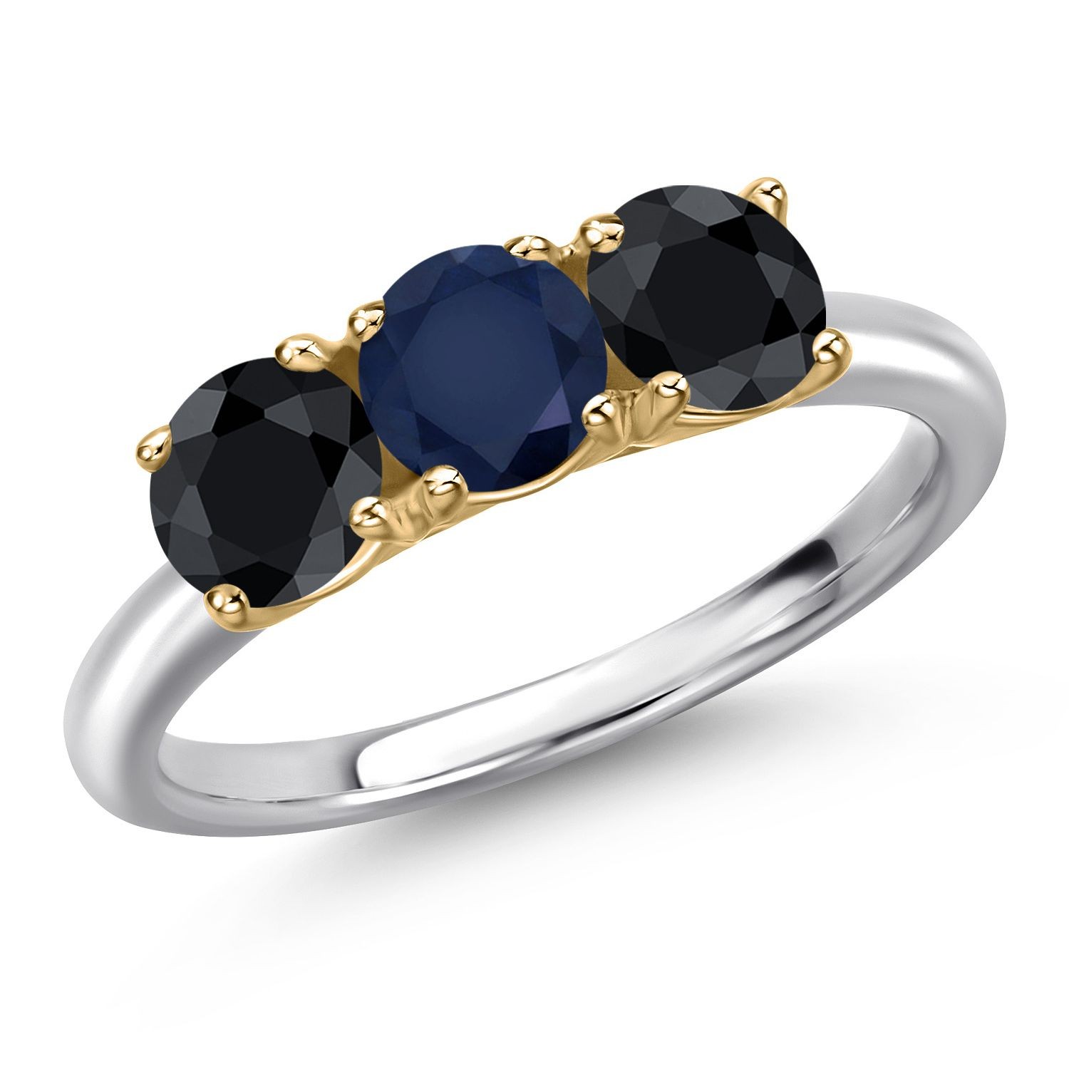 925 Silver and 10K Yellow Gold Sapphire and Black Sapphire Engagement Ring For