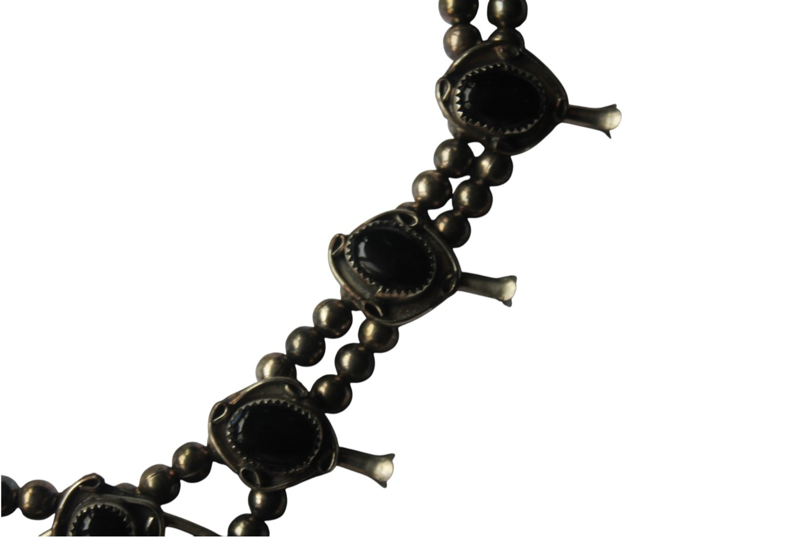 Vintage Silver Tone Black Onyx Squash Blossom Statement 24in Western Nickle