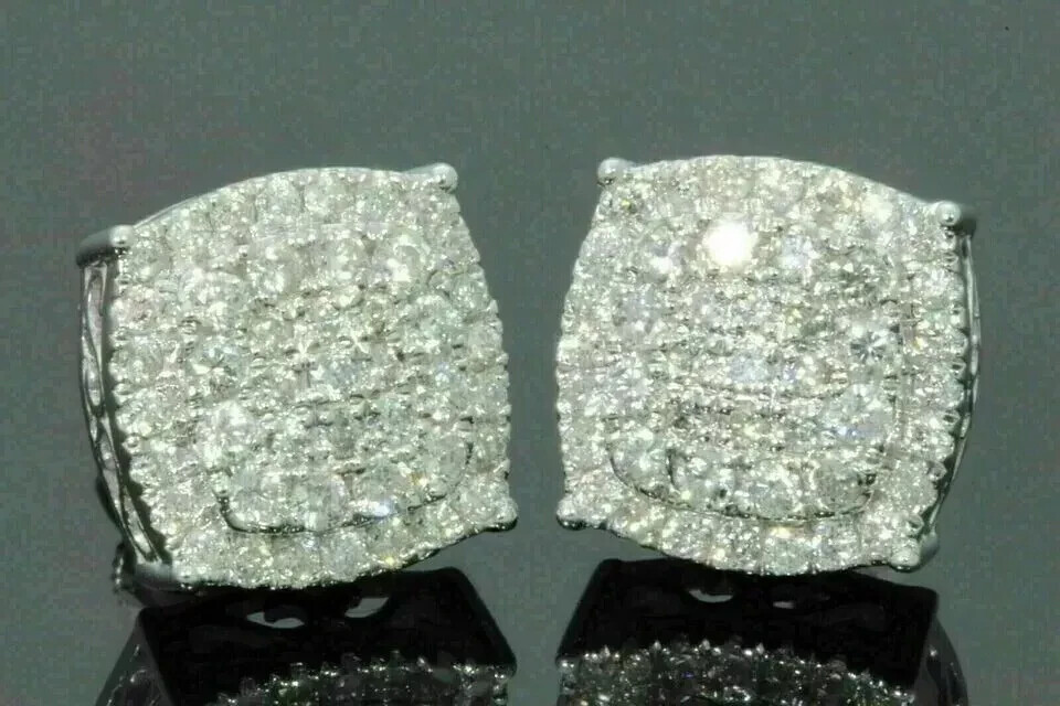 Men’s 2Ct Round Cut Real Moissanite Cluster Stud Earrings 14K White Gold Plated