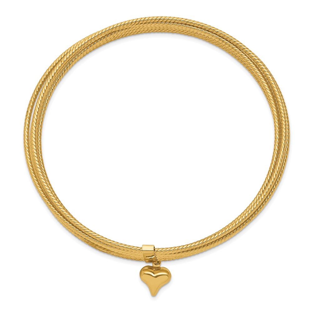 14K Yellow Gold Dangle Heart 7-Strand 11.00mm Slip-on Round Bangle Bracelet 8″