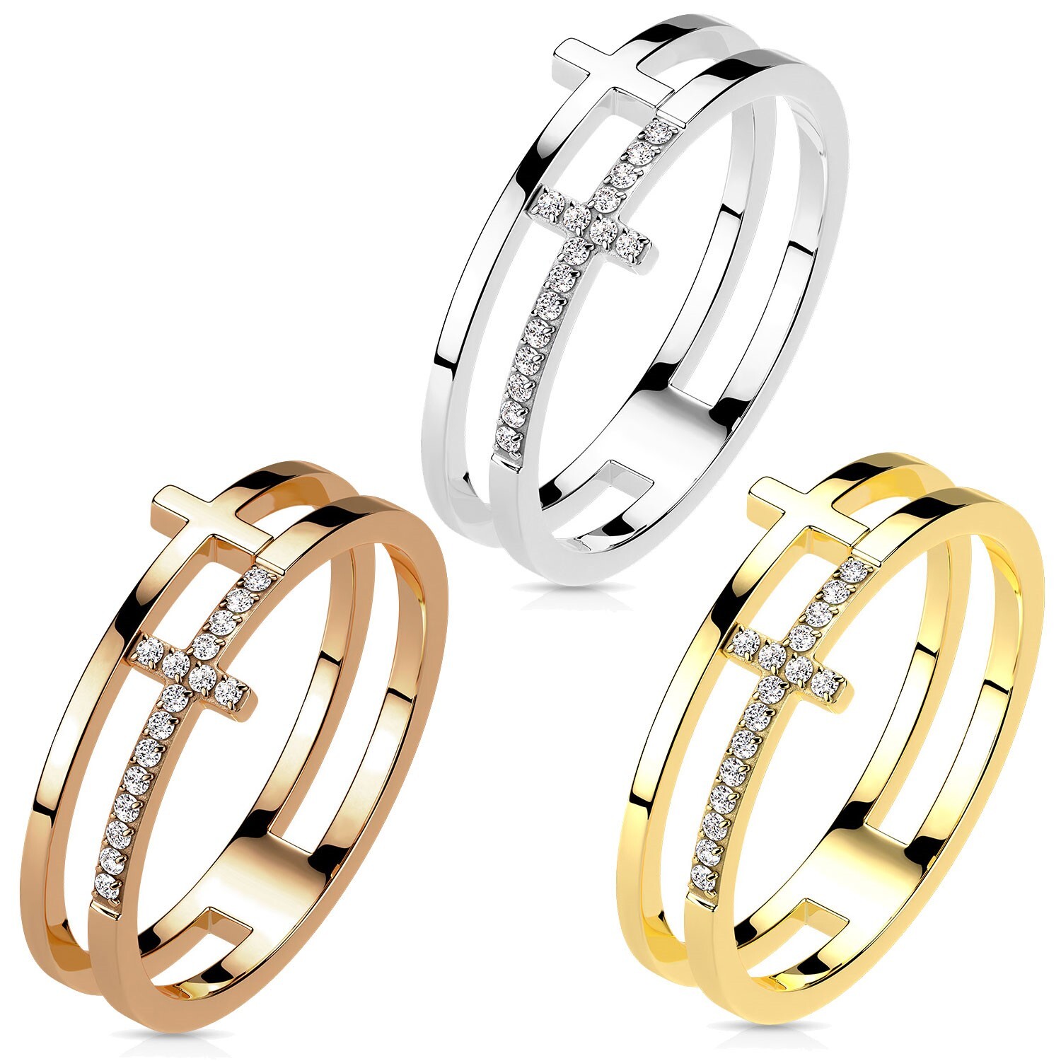 Stainless Steel Split CZ Cross Ring Choose Silver, Gold/Rose Gold Plated
