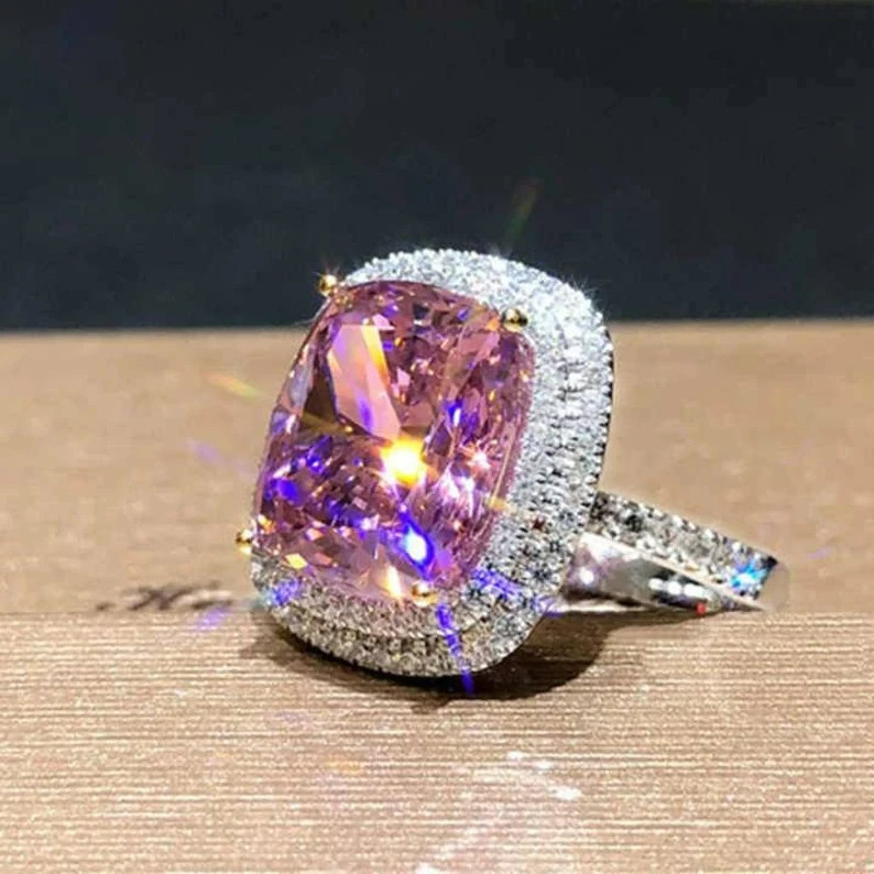 8.00 Ct Cushion Cut Natural Pink Sapphire Diamond Wedding Ring 14K White Gold 7