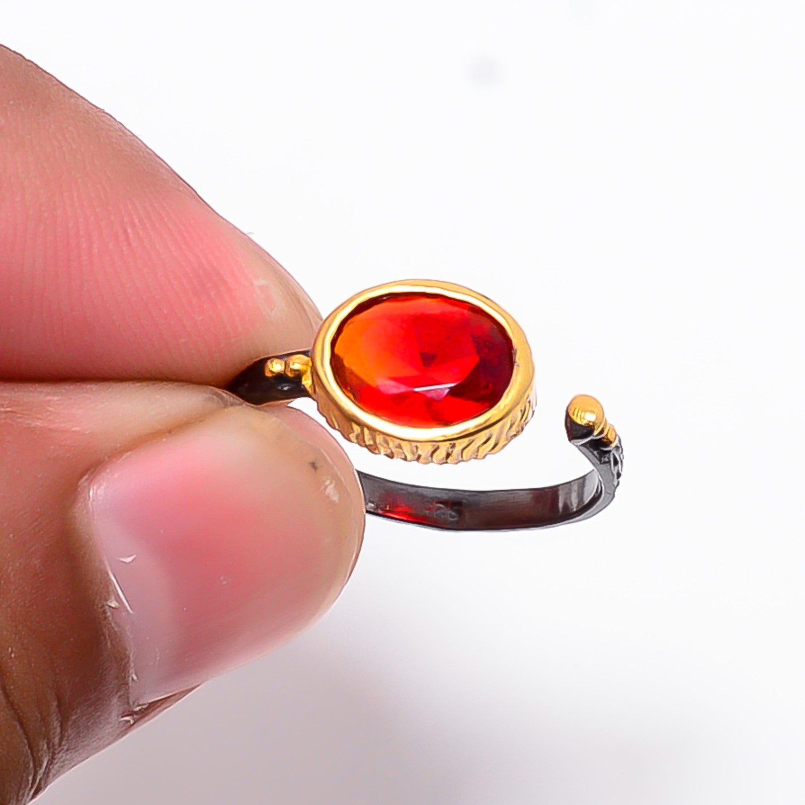 Red Garnet Black And Gold Plated 925 Sterling Silver Ring S.Adjustable R87132