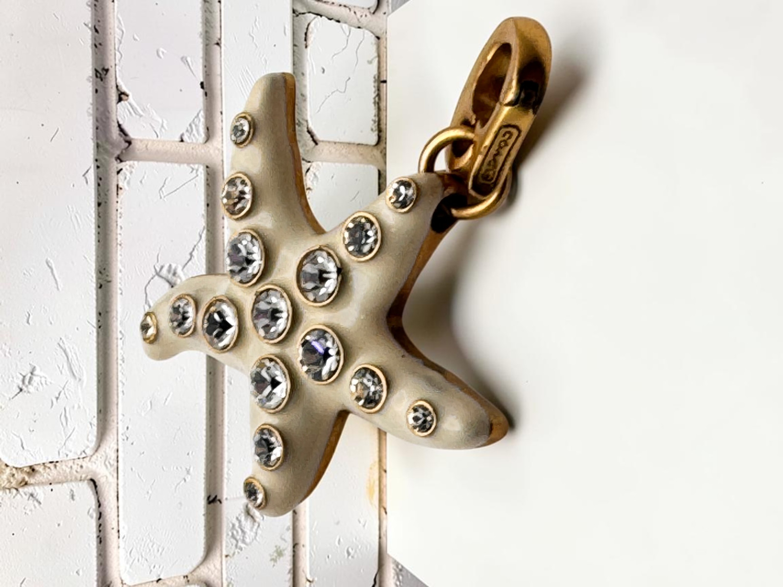 Coach Vintage Enamel White Rhinestone Starfish Charm Leather Short Necklace Y2K