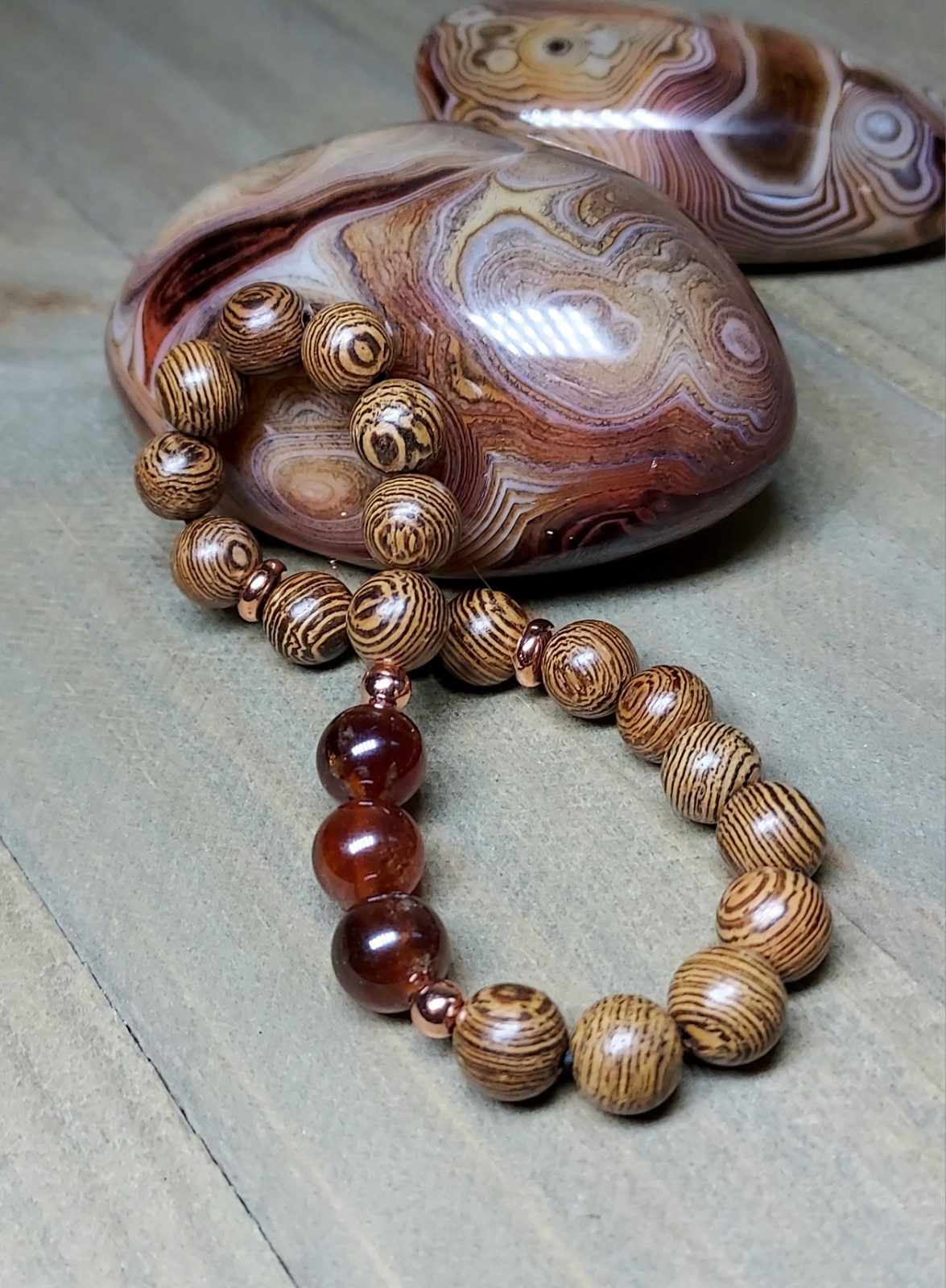 Hessonite Garnet Gemstone Bracelet With Brown Wooden Beads Stretchy 6.50″