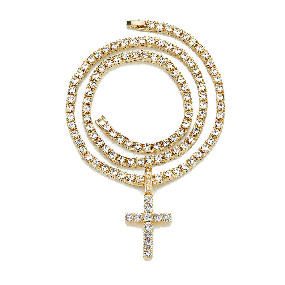 14k Gold Silver Plated Tennis Chain Choker ICED CZ Necklace with Cross Pendant