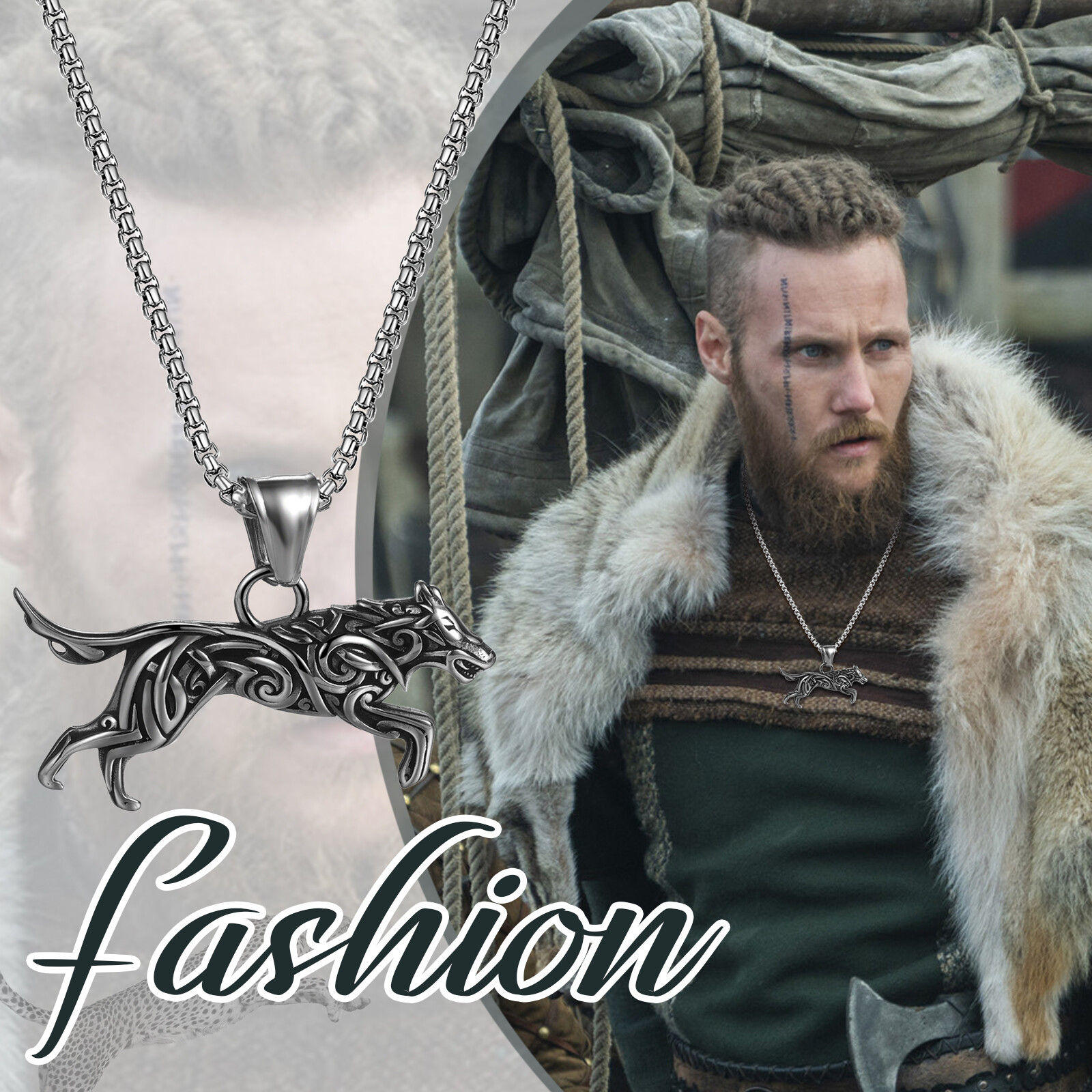Mens Nordic Viking Wolf Necklace Stainless Steel 3D Fierce Running Wolf Necklace