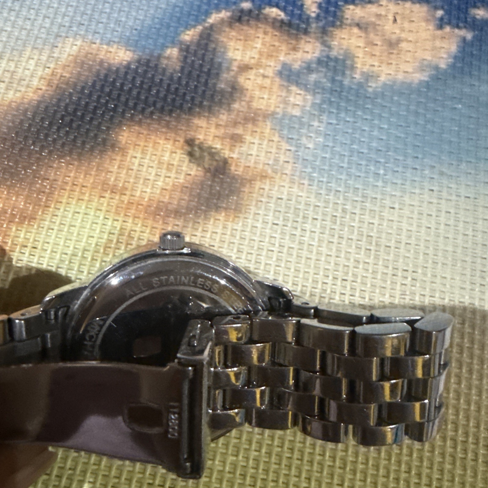 MICHAEL KORS Womens Nini Silver Tone Watch MK Monogram Dial Crystals MK3372