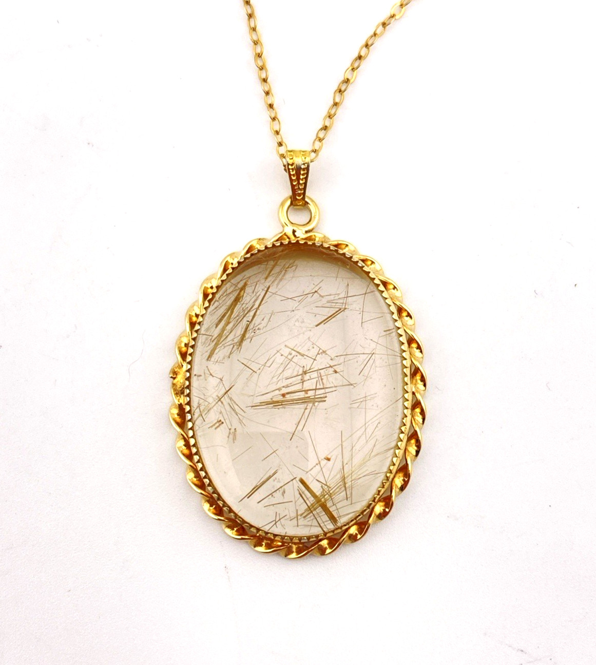 Gold Rutilated Quartz Pendant Necklace 12k Rolled Gold Chain 18.5 In