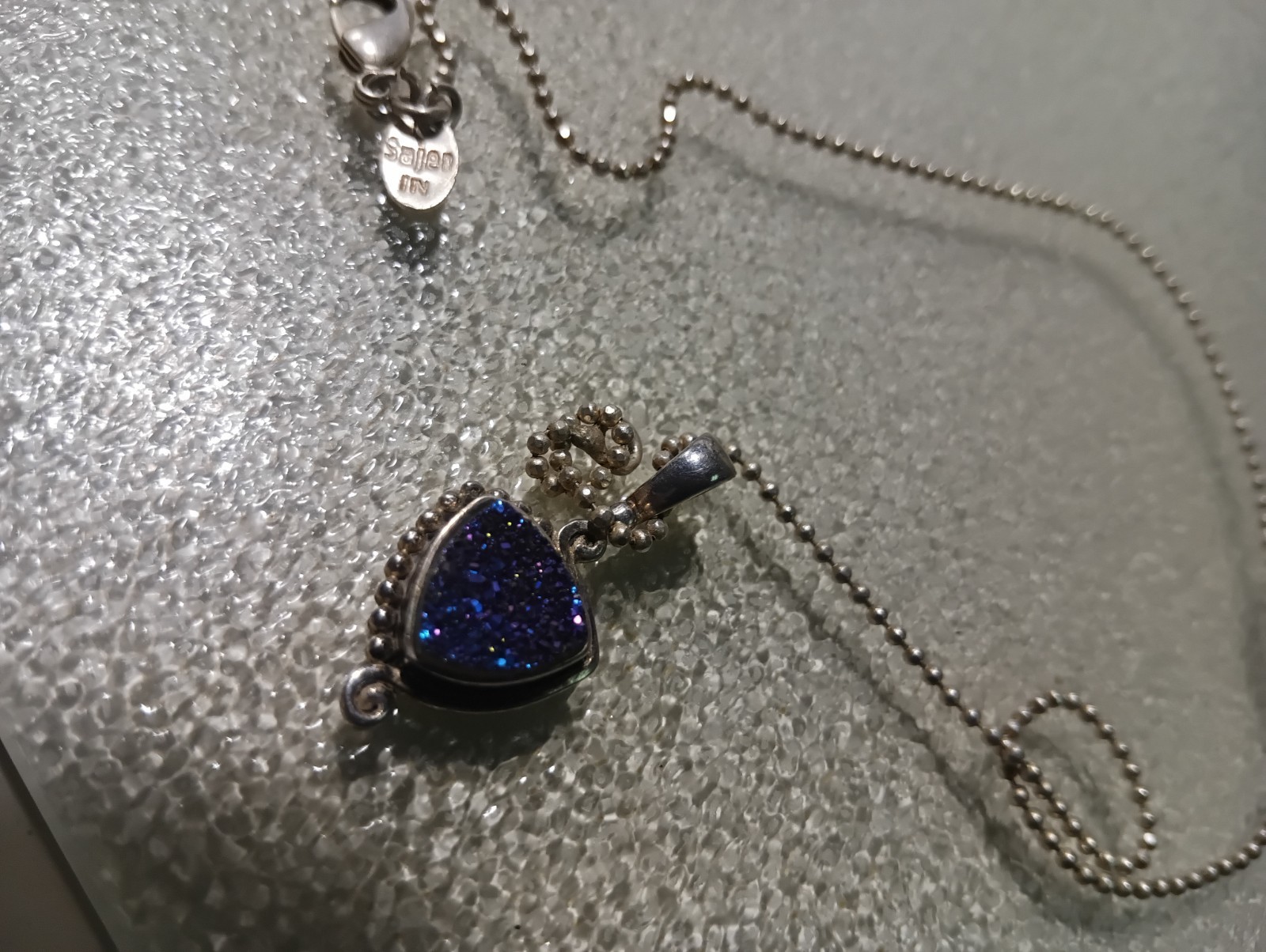 Silver Metal Blue Crystal Triangle Pendant Charm Necklace Ball Chain, Signed