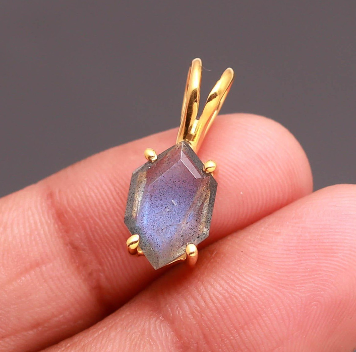 Natural Labradorite Hexagon Chain Pendant Gold Fill 925 Sterling Silver Jewelry