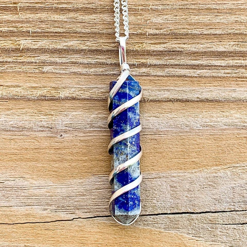 Lapis Lazuli Pendant Silver Wire Wrap Crystal Necklace Blue Stone HANDMADE Heal