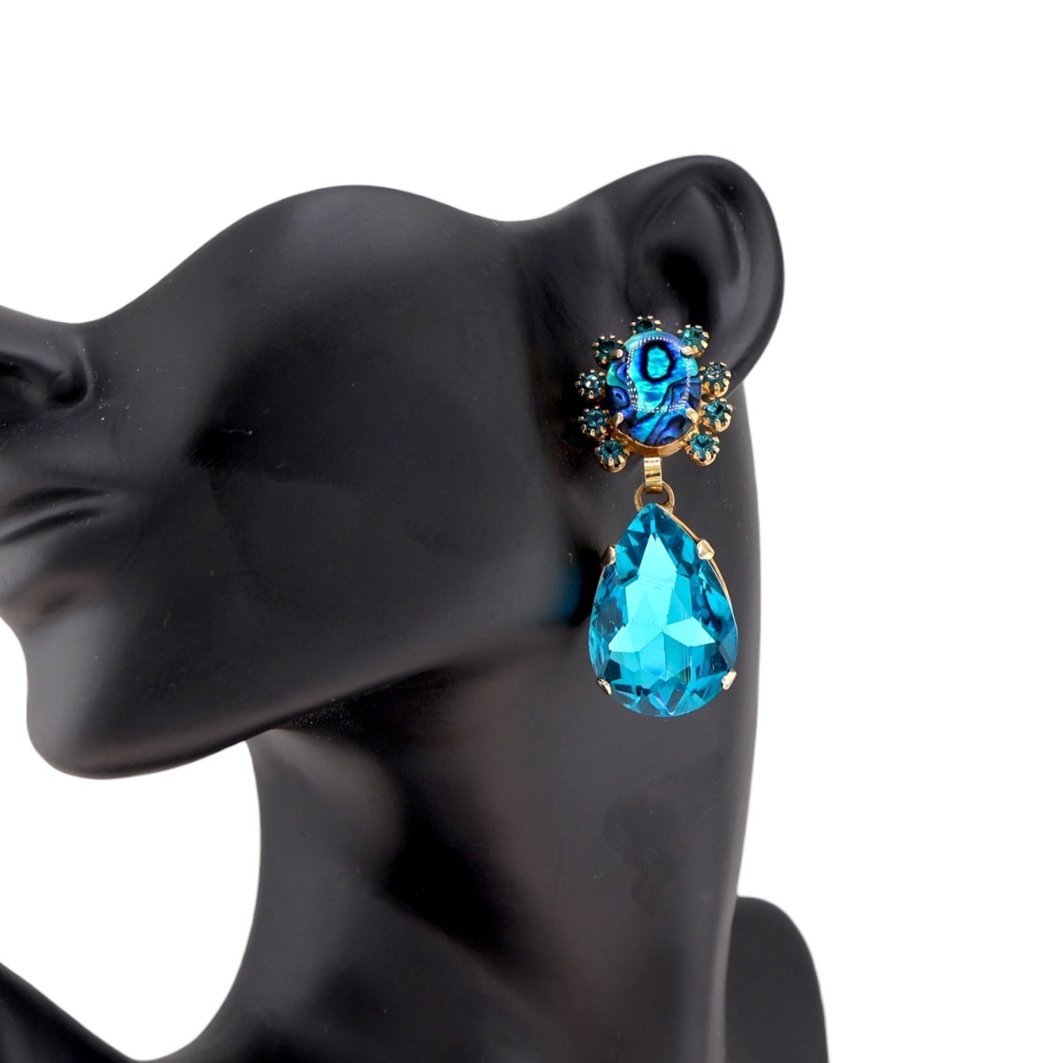 Elizabeth Cole Seraphina Halo Drop Earrings Teal Crystal Abalone EUC