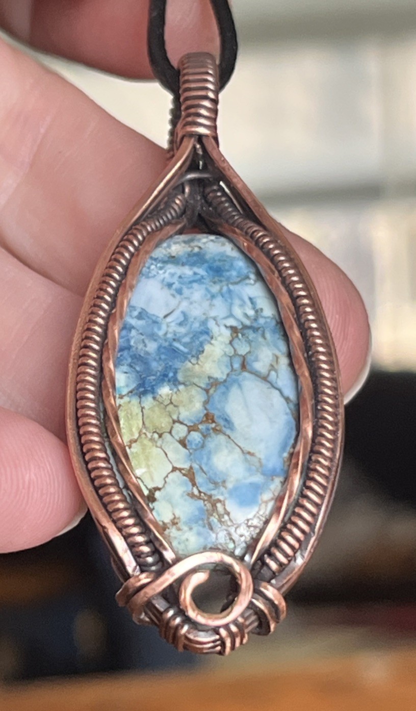 Blue Jasper (dyed) ~ Handmade Copper wire wrapped pendant jewelry 3g