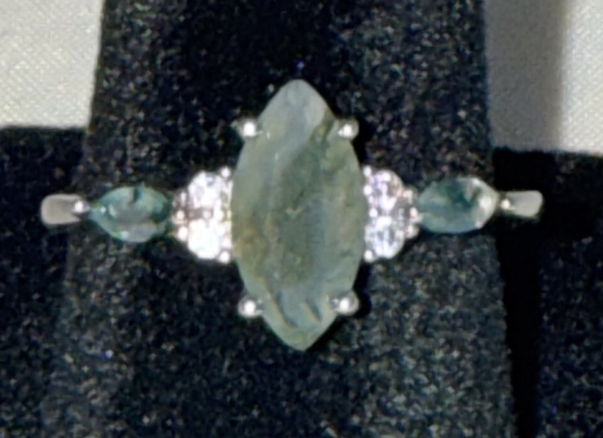 Vintage 925 Sterling Silver Moss Agate Ring Marquise Solitaire Accent Sz 7.25