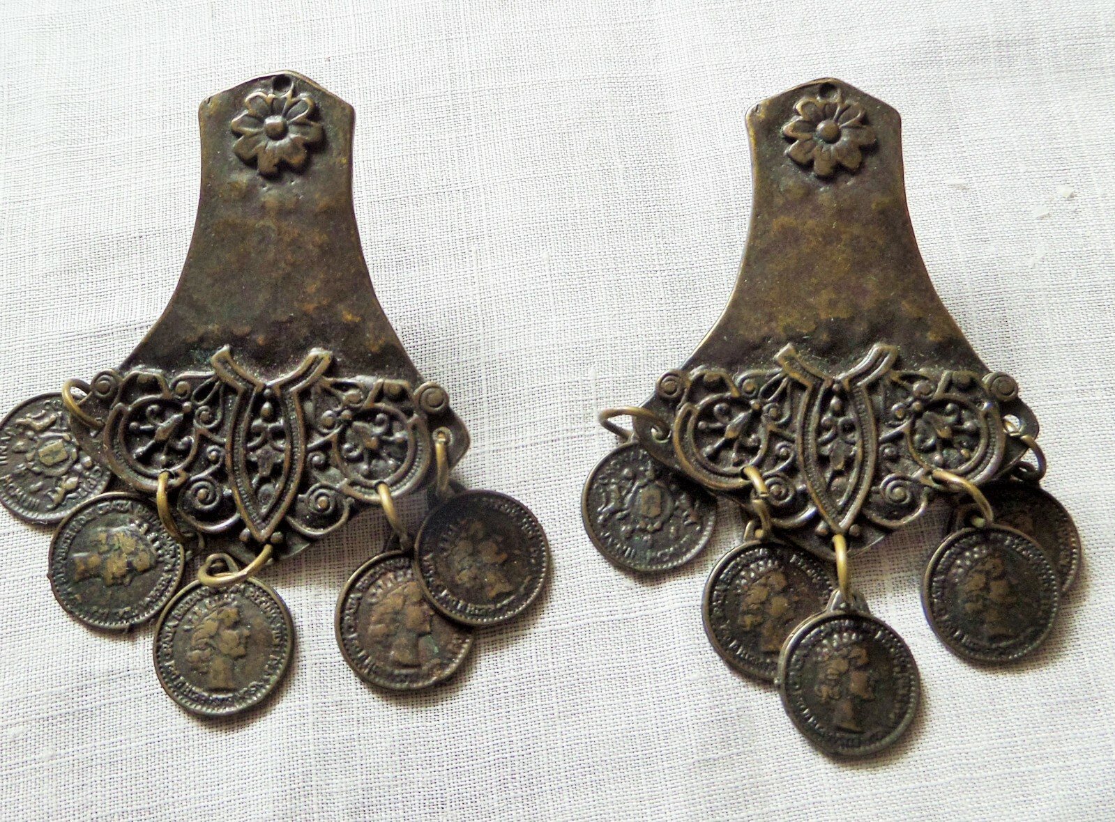 Dangling Coins Clip On Earrings with Ornate Textured Pattern Aged Brass Color