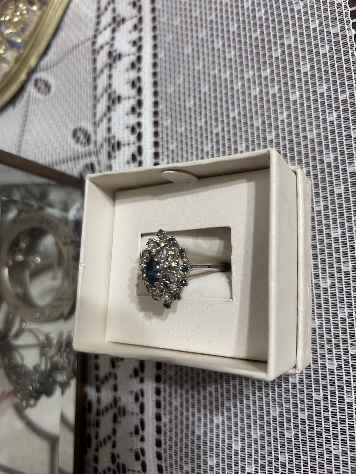 Vintage Art Deco Style Marquise Cut Blue Sapphire and rhinestones 18 kHGE Sz8