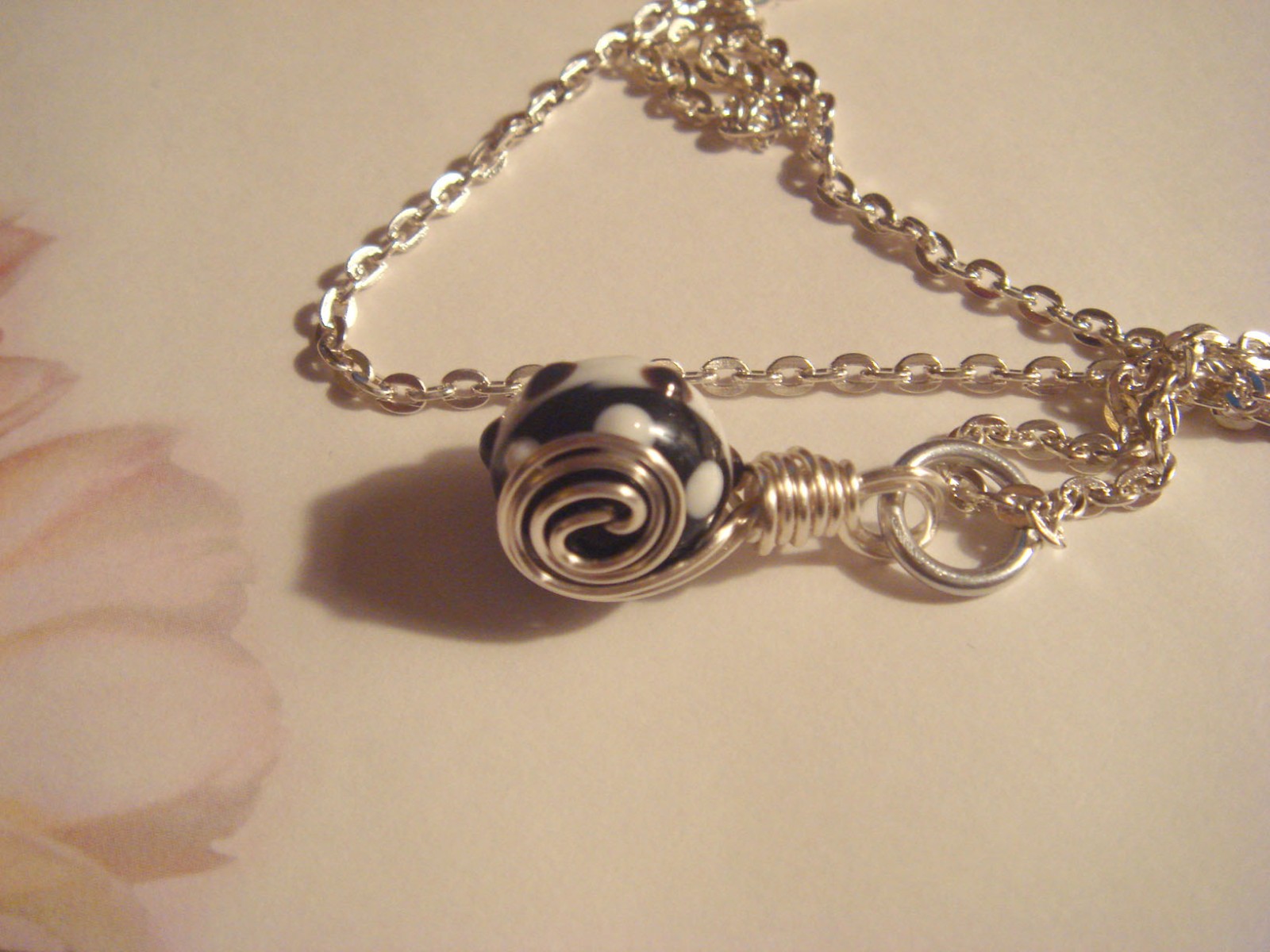 #202 Black&White Bead Pendant with Silver Chain Wire Wrapped One of a Kind
