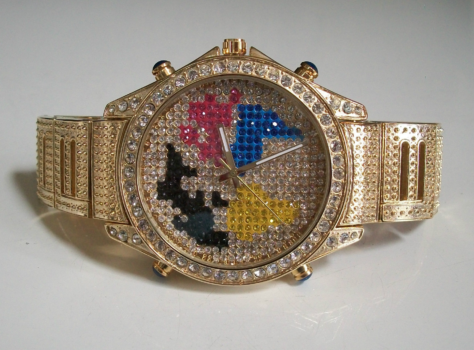 Men’s bling gold finish World Map multicolor dial fashion dressy casual watch