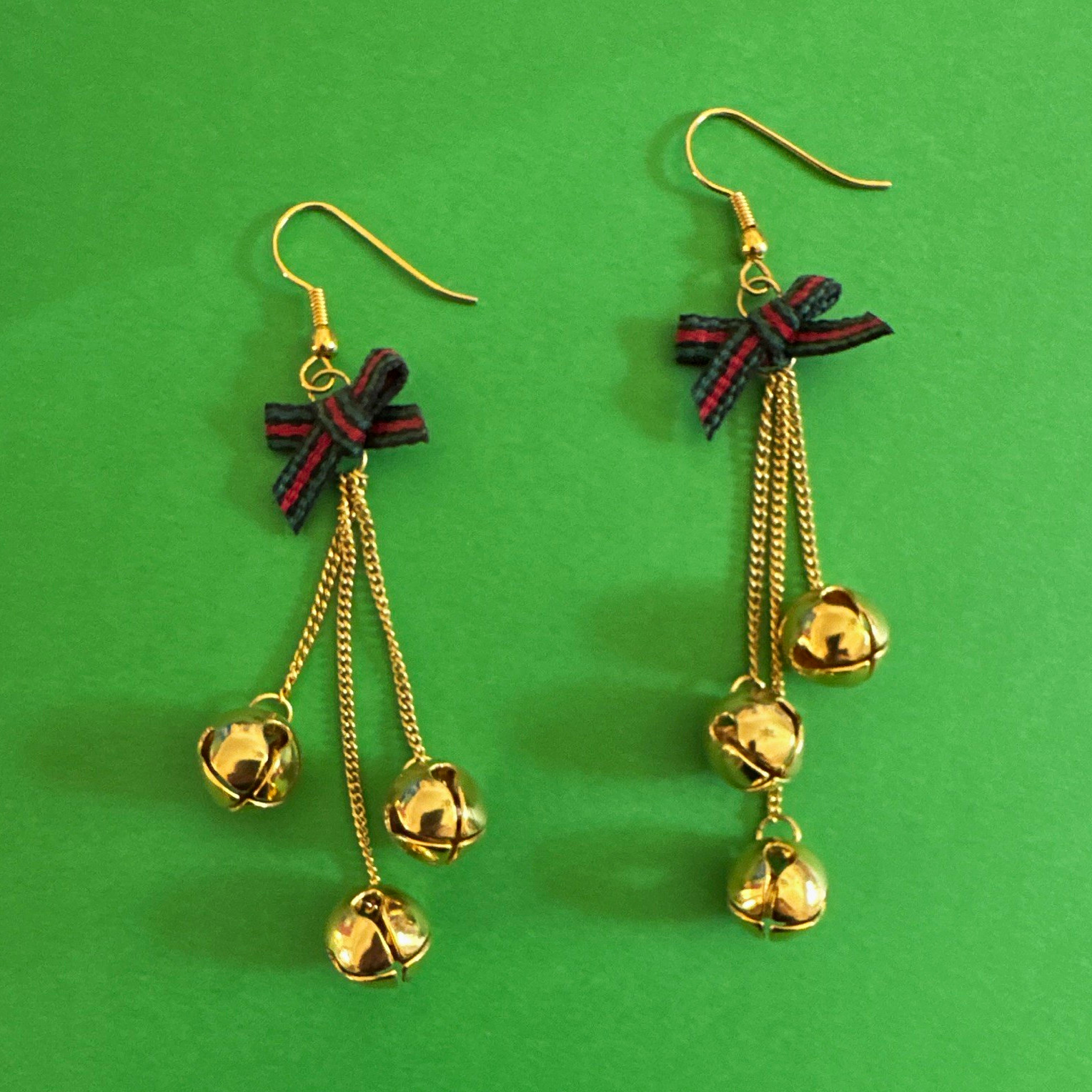 Gold Tone Jingle Bell & Bow Drop Hook Christmas Earrings
