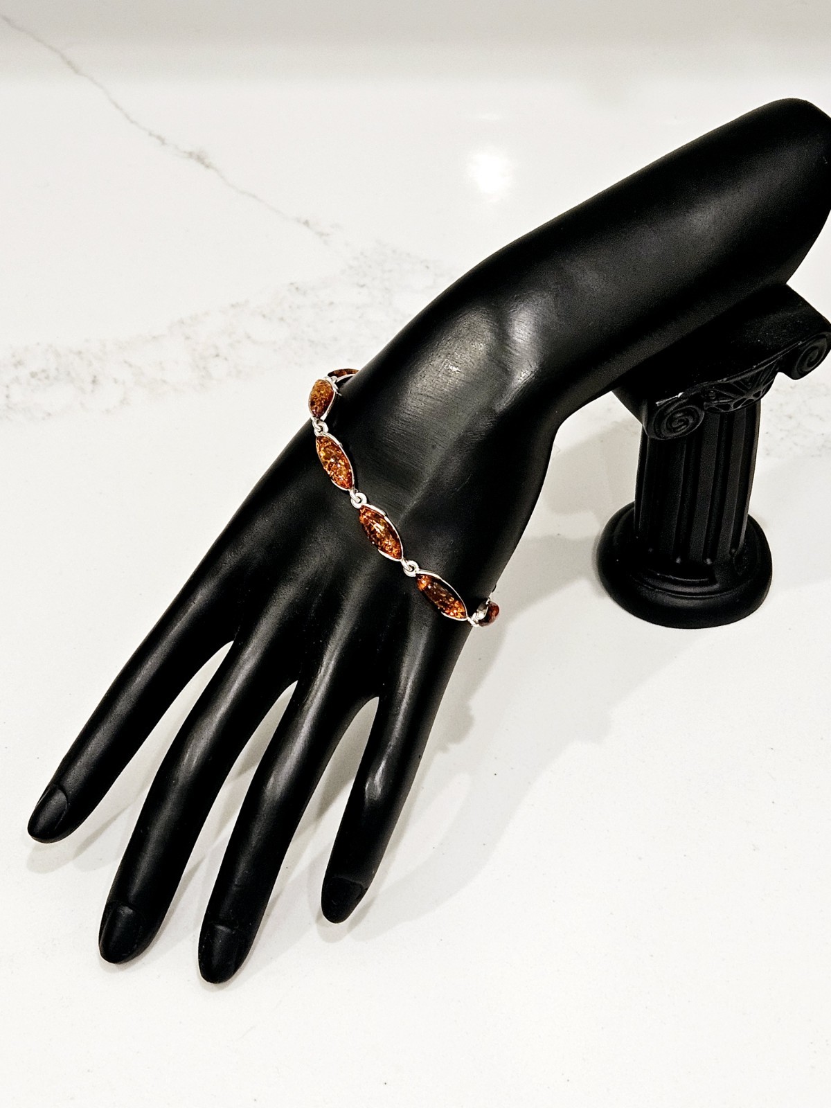 NEW Italian Amber & Silver Bracelet 8″ Long Oval Cognac Stones 925 Sterling
