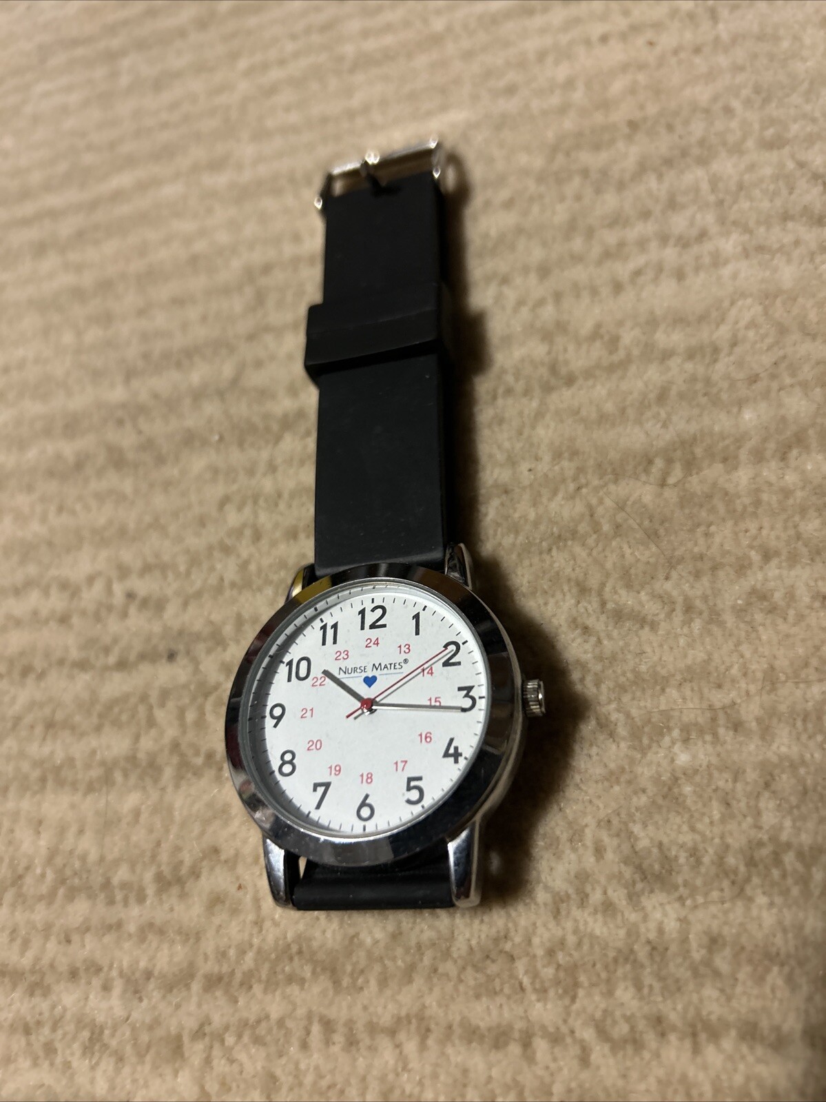 Nurse Mates Wrist Watch Silver W/Black Band, Not Tested & Needs Battery.